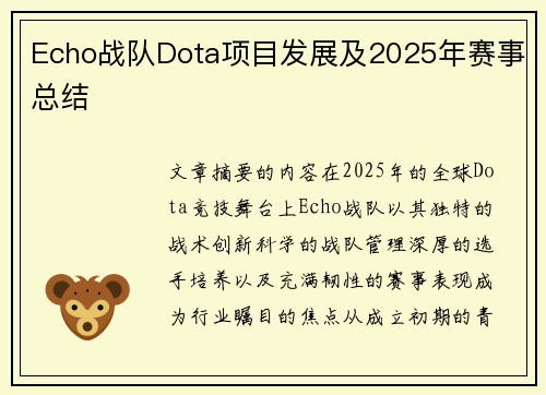 Echo战队Dota项目发展及2025年赛事总结