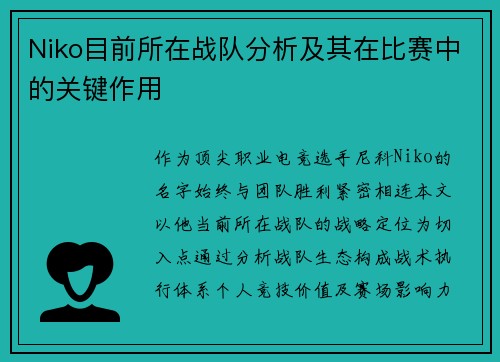 Niko目前所在战队分析及其在比赛中的关键作用